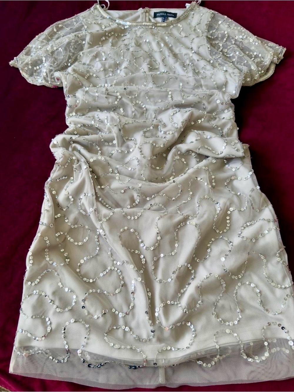 Papell Studio Cream Sequin Short Sleeve Dress size 6